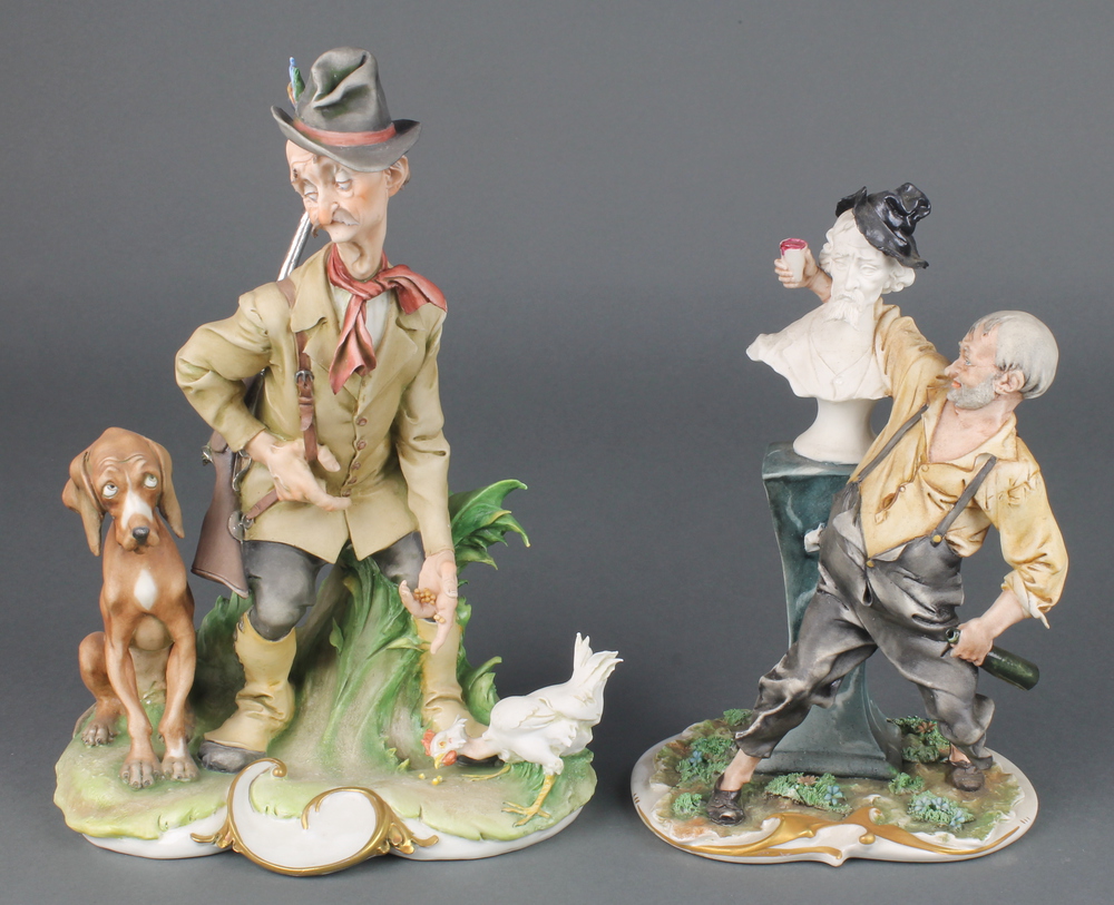 A Capodimonte figure of a huntsman with hound and cockerel 10 1/2", ditto of a drunk hugging a