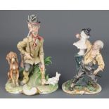 A Capodimonte figure of a huntsman with hound and cockerel 10 1/2", ditto of a drunk hugging a