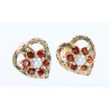 A pair of 9ct yellow gold heart shaped pearl and garnet earrings