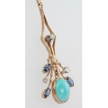 A yellow gold diamond, emerald and turquoise drop pendant