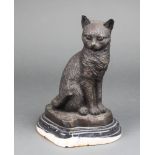 A bronze figure of a seated cat raised on a shaped 2 colour marble base 8"