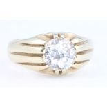 A gentleman's 9ct yellow gold claw set single white stone ring, mine cut stone approx 2ct, size R