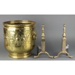 A circular Dutch style brass coal bucket/jardiniere with lion ring mask handles 14"h x 14" diam.