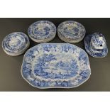 A 19th centuiry Rogers blue and white part dinner service decorated with country houses comprising 3