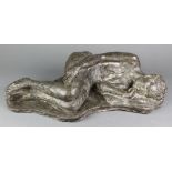 Vim Lyons, a fibre glass figure group of a reclining figure, the base with retail label and price of