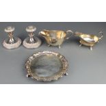 A silver plated card tray with pie crust rim 8" and minor plated items