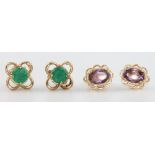 Two pairs of 9ct yellow gold earrings set amethysts and green stones