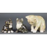 A Jenny Winstanley figure of a seated cat with glass eyes 6" and 2 smaller ditto 4"