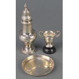 A George 111 silver shaker. London 1817 a ditto trophy cup and dish 154 gr