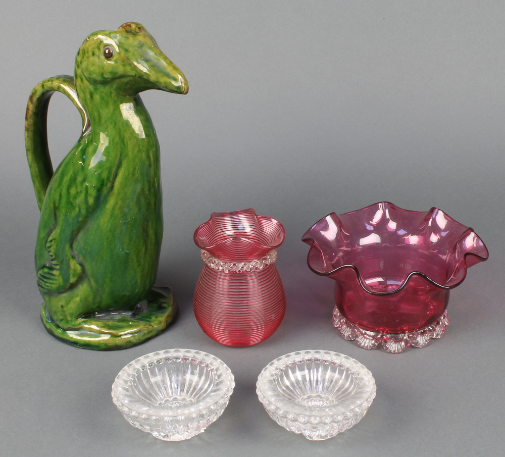 A Victorian cranberry bowl with wavy rim 6", a ditto ribbed baluster vase 3 1/2", 2 clear glass