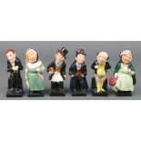 Six Royal Doulton figures - Artful Dodger, Pickwick, Sarey Gamp, Trotty Veck, Mrs Bardell and