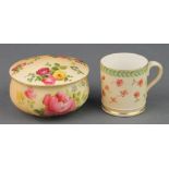 A Royal Worcester blush porcelain box decorated with spring flowers 2 1/2" and a miniature cup