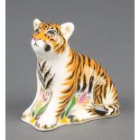 A Royal Crown Derby Imari pattern Sumatran tiger cub paperweight with gold stopper 3"