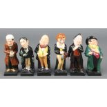 Six Royal Doulton figures - Micawber, Pecksniff, David Copperfield, Scrooge, Stiggins and Tony