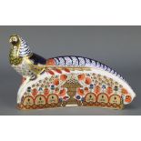 A Royal Crown Derby Imari pattern pheasant paperweight silver stopper 11 1/2" The beak has been