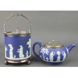 A Wedgwood blue Jasperware biscuit barrel with plated mounts, a ditto teapot