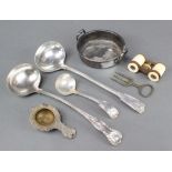 A silver plated Kings pattern ladle,1 other, a saucer ladle, a pair of gilt metal and ivory opera