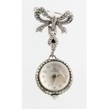 A lady's silver and marcasite Bucherer spherical fob watch with silver marcasite bow