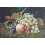 Oil on canvas, unsigned, still life study with fruit, birds nest with eggs 9" x 13 1/2"