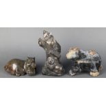 A carved and polished hardstone figure of a seated hippopotamus 7" and 2 carved hardstone figures of