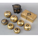 A Chinese black lacquered twin handled jar and cover decorated figures 4" x 5" and a Burmese gilt
