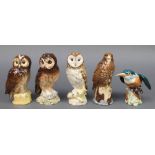 A Beswick Kingfisher 2871 5", a White & McKay Tawny owl 5", do. Barn owl 6 1/2", do. short eared owl