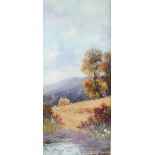 J Hall, oils on canvas, a harvesting scene and a river scene with distant church 32" x 14"