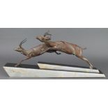 An Art Deco spelter and 2 colour marble sculpture of running gazelles 11" x 26" 2 chips to the base