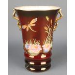 A Carlton Ware Rouge Royale cylindrical tapered vase with scroll handles decorated with a