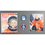 John Glenn, a signed edition of Life Magazine together with a coloured photograph, 2 circular