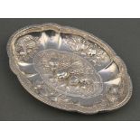 A Georgian design repousse silver dish decorated with fruits 4.75", London 1968, 70 grams