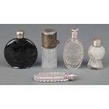 An Edwardian silver scent bottle with rubbed date letter, 4 other mounted bottles