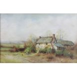 An Edwardian oil on canvas, unsigned, country cottage 12" x 18" The painting has been re-lined