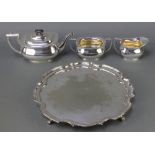 A silver plated 3 piece tea set and a ditto salver