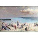 Laurence, oil on canvas, signed, study of Edwardian figures at the beach 19 1/2" x 29 1/2"