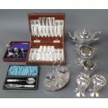 A silver plated 3 piece tea set and minor plated items