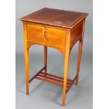 J Bagshaw & Sons of Liverpool, a square inlaid mahogany sewing table/box with hinged lid raised on