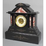 A Victorian French 8 day timepiece with enamelled dial and Arabic numerals contained in a 2 marble