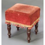 A square Victorian mahogany footstool raised on turned supports 18"h x 16"w x 14"d