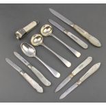 A Victorian silver and mother of pearl fruit knife, 5 others, a cigar cutter and 3 spoons