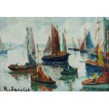 R Jainbot, a pair of oils on board, signed, studies of boats 7" x 10"