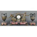 A French Art Deco 2 colour marble clock garniture with striking mantel clock supported by 2