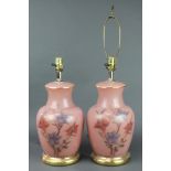 A pair of painted pink glass baluster table lamps converted to electricity 15"
