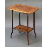 An Edwardian lozenge shaped inlaid mahogany 2 tier occasional table, raised on out swept supports