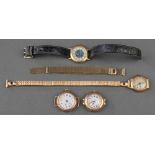 3 ladies 9ct gold wristwatches together with a 9ct yellow gold strap and a gilt wristwatch