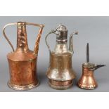 An Eastern bell shaped copper jug 14"h x 8" diam., a similar jug with spout 14" x 6" and a Turkish