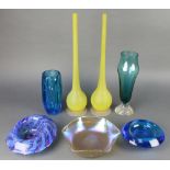 An Art Nouveau iridescent glass bowl 8", a blue ashtray, a pair of yellow bottle vases and 2 other