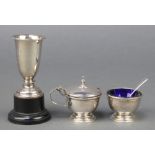 A silver trophy Birmingham 1928 and 2 silver condiments