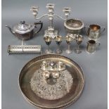 A silver plated teapot and minor plated items