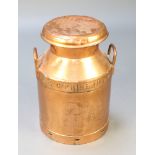 A coppered milk churn marked Evercreech C & G Prideaux Ltd C3826 18" x 13 1/2" diam.